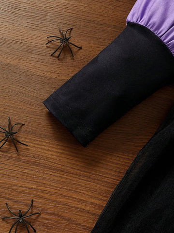 1pc Young Girl Patchwork Cat & Tulle Balloon Sleeve Ruffled Long Sleeve Dress, For Halloween/Winter