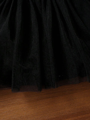 1pc Young Girl Patchwork Cat & Tulle Balloon Sleeve Ruffled Long Sleeve Dress, For Halloween/Winter