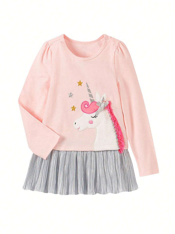 1pc Young Girl' Patchwork Unicorn Applique Long Sleeve Dress, Spring/Autumn