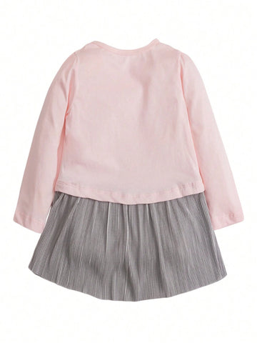 1pc Young Girl' Patchwork Unicorn Applique Long Sleeve Dress, Spring/Autumn