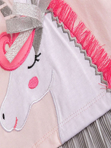 1pc Young Girl' Patchwork Unicorn Applique Long Sleeve Dress, Spring/Autumn