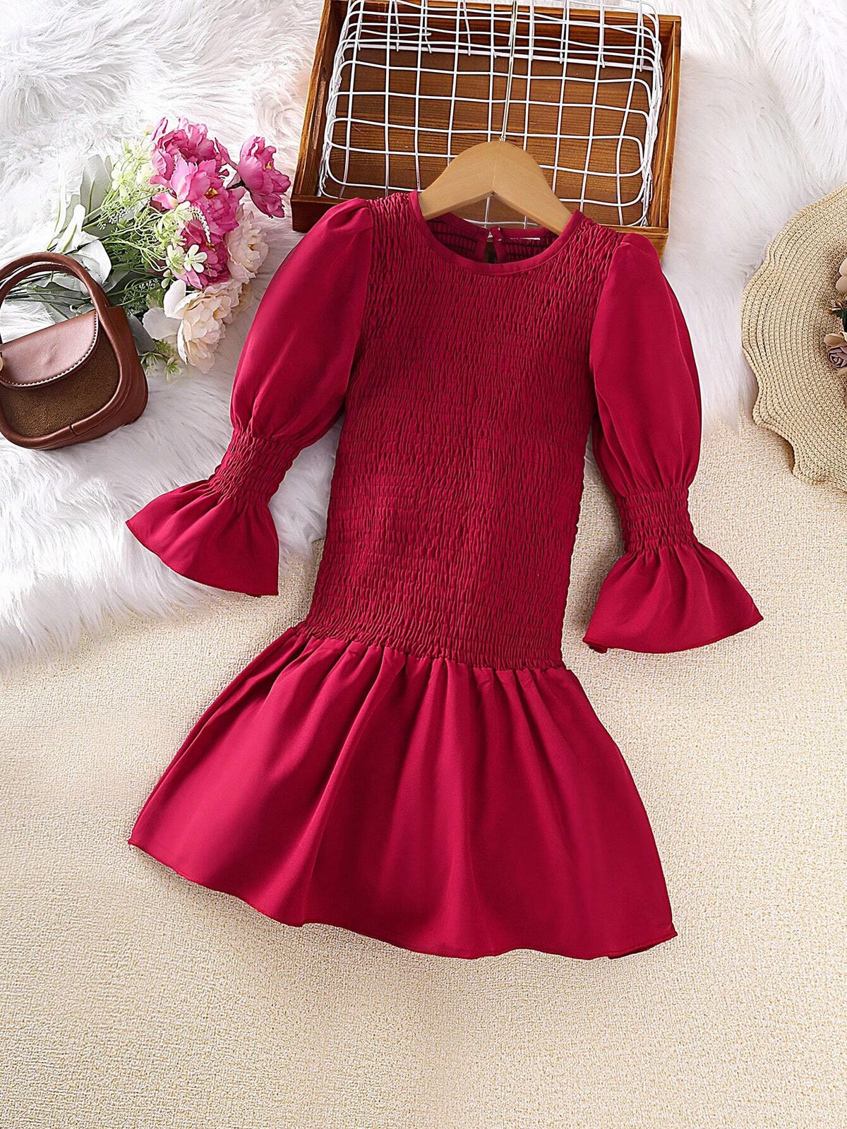 1pc Young Girl Plain Crew Neck Long Sleeve Ruffle Hem Dress, Spring & Autumn