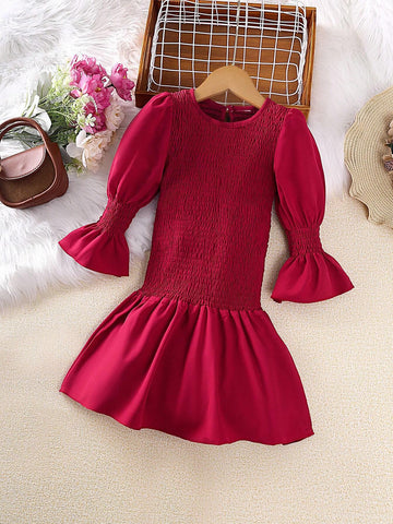 1pc Young Girl Plain Crew Neck Long Sleeve Ruffle Hem Dress, Spring & Autumn