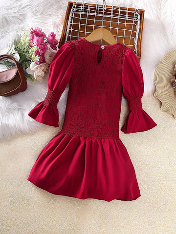 1pc Young Girl Plain Crew Neck Long Sleeve Ruffle Hem Dress, Spring & Autumn