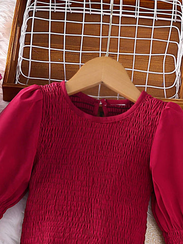 1pc Young Girl Plain Crew Neck Long Sleeve Ruffle Hem Dress, Spring & Autumn