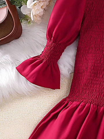 1pc Young Girl Plain Crew Neck Long Sleeve Ruffle Hem Dress, Spring & Autumn