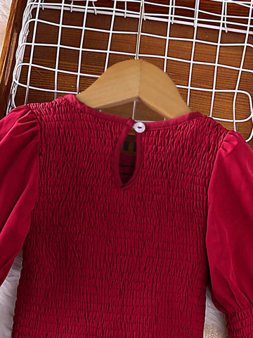 1pc Young Girl Plain Crew Neck Long Sleeve Ruffle Hem Dress, Spring & Autumn