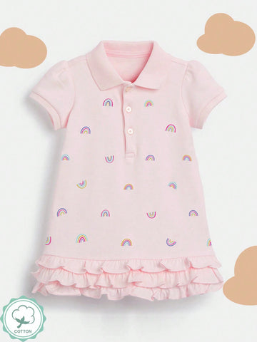 1pc Young Girl Rainbow Printed Short Sleeve Dress With Ruffle Hem And Turn-Down Collar For Summer