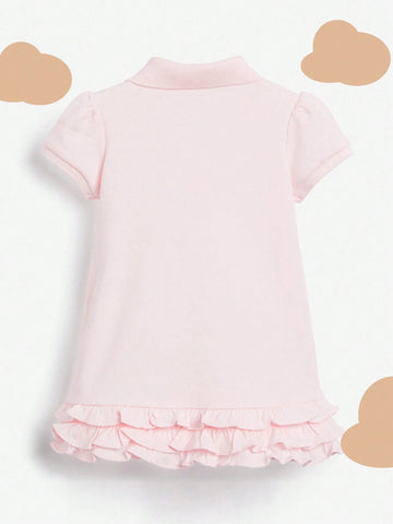 1pc Young Girl Rainbow Printed Short Sleeve Dress With Ruffle Hem And Turn-Down Collar For Summer