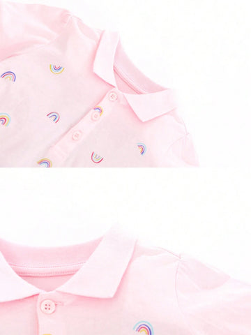 1pc Young Girl Rainbow Printed Short Sleeve Dress With Ruffle Hem And Turn-Down Collar For Summer