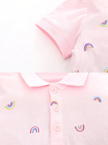 1pc Young Girl Rainbow Printed Short Sleeve Dress With Ruffle Hem And Turn-Down Collar For Summer