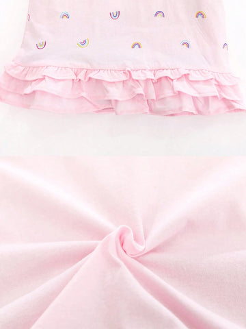 1pc Young Girl Rainbow Printed Short Sleeve Dress With Ruffle Hem And Turn-Down Collar For Summer