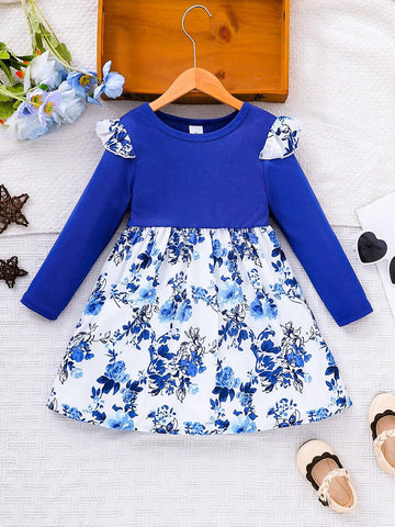 1pc Young Girl Ribbed Long Sleeve Ditsy Floral Casual Dress, Suitable For Daily And Vacation Wear, Spring Autumn