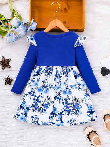 1pc Young Girl Ribbed Long Sleeve Ditsy Floral Casual Dress, Suitable For Daily And Vacation Wear, Spring Autumn