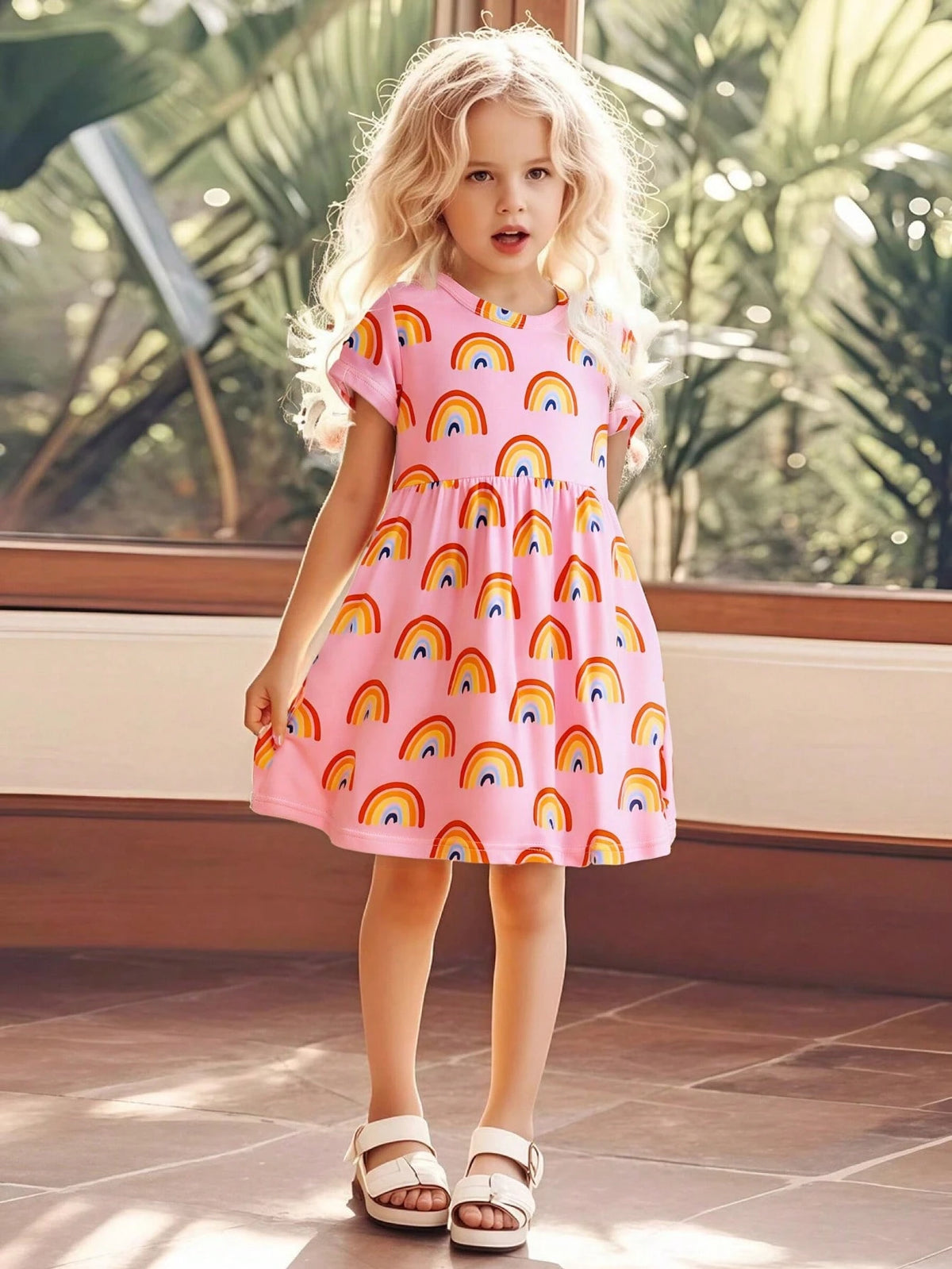 1pc Young Girl Short Sleeve Rainbow Print Cartoon Dress, Fashionable & Cute Princess Style For Spring/Summer