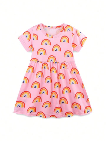 1pc Young Girl Short Sleeve Rainbow Print Cartoon Dress, Fashionable & Cute Princess Style For Spring/Summer