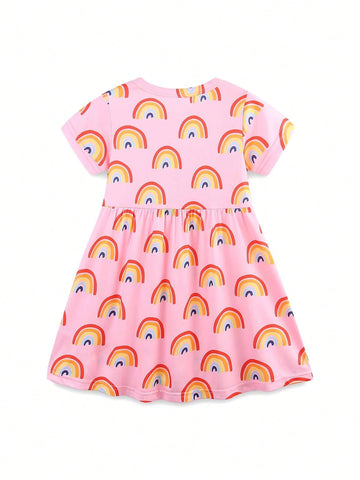 1pc Young Girl Short Sleeve Rainbow Print Cartoon Dress, Fashionable & Cute Princess Style For Spring/Summer
