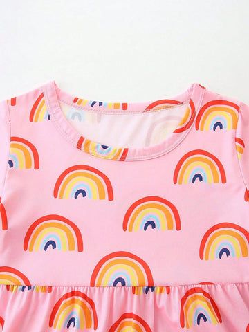 1pc Young Girl Short Sleeve Rainbow Print Cartoon Dress, Fashionable & Cute Princess Style For Spring/Summer