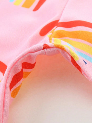 1pc Young Girl Short Sleeve Rainbow Print Cartoon Dress, Fashionable & Cute Princess Style For Spring/Summer