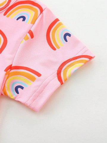 1pc Young Girl Short Sleeve Rainbow Print Cartoon Dress, Fashionable & Cute Princess Style For Spring/Summer