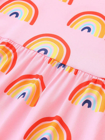 1pc Young Girl Short Sleeve Rainbow Print Cartoon Dress, Fashionable & Cute Princess Style For Spring/Summer