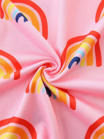 1pc Young Girl Short Sleeve Rainbow Print Cartoon Dress, Fashionable & Cute Princess Style For Spring/Summer