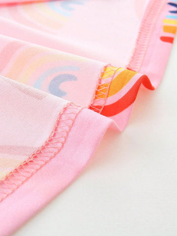 1pc Young Girl Short Sleeve Rainbow Print Cartoon Dress, Fashionable & Cute Princess Style For Spring/Summer