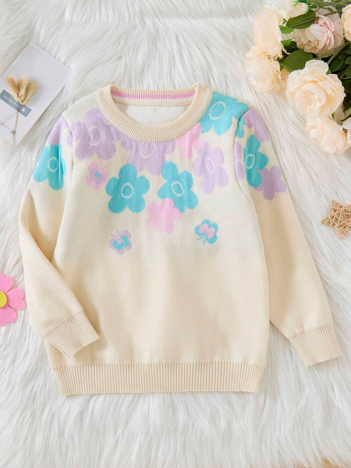 1pc Young Girl Sweet Daily Casual Knit Pullover Sweater, Baby Girl Multi-Color Floral Jacquard Round Neck Loose Knit Top, Autumn