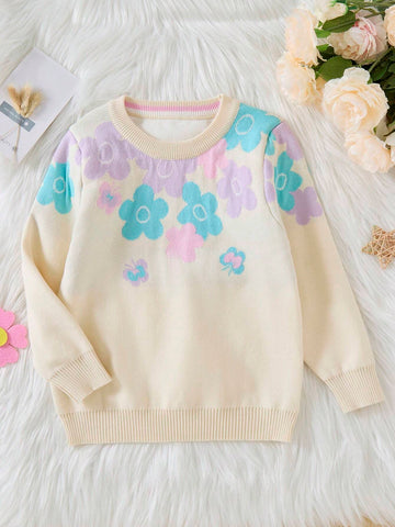 1pc Young Girl Sweet Daily Casual Knit Pullover Sweater, Baby Girl Multi-Color Floral Jacquard Round Neck Loose Knit Top, Autumn