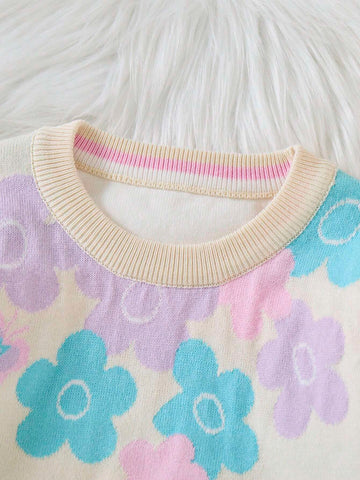 1pc Young Girl Sweet Daily Casual Knit Pullover Sweater, Baby Girl Multi-Color Floral Jacquard Round Neck Loose Knit Top, Autumn