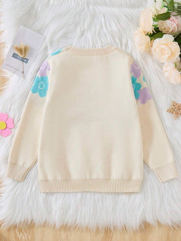 1pc Young Girl Sweet Daily Casual Knit Pullover Sweater, Baby Girl Multi-Color Floral Jacquard Round Neck Loose Knit Top, Autumn