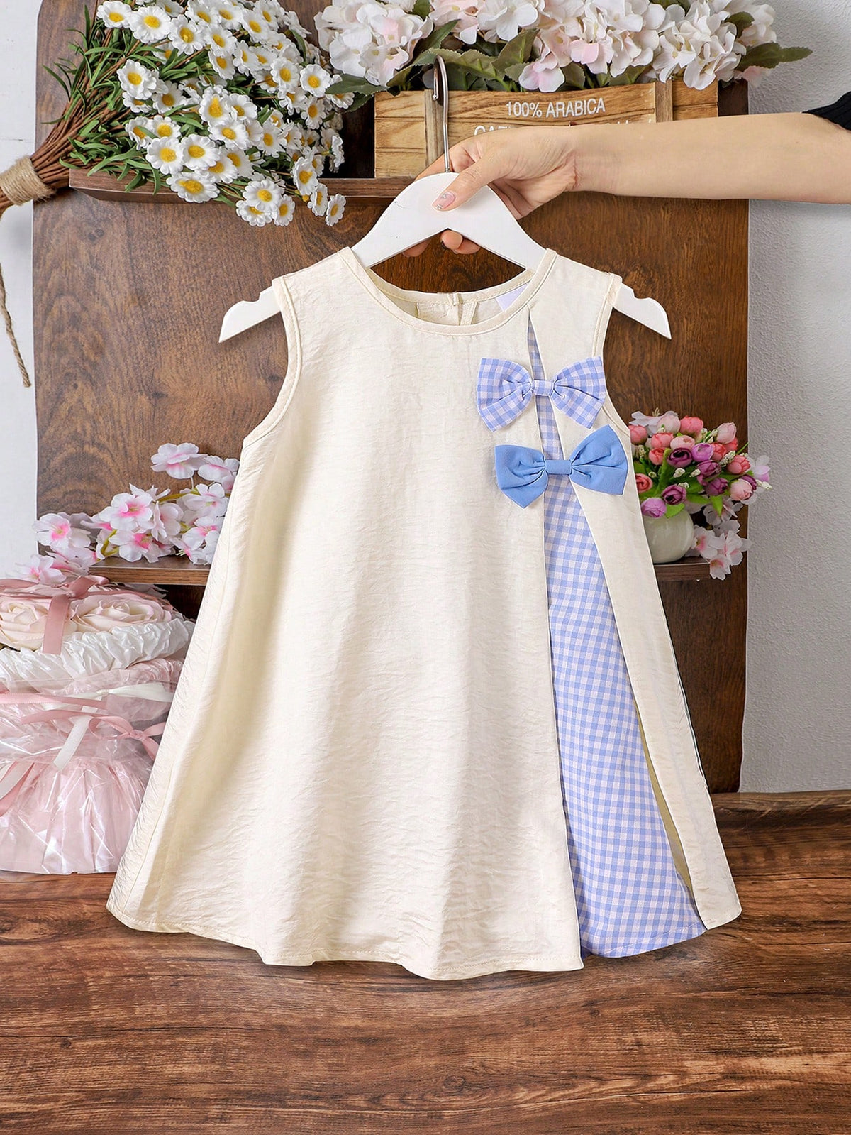 1pc Young Girl' Sweet Ladylike 3D Bow Plaid Color Block Sleeveless Dress, Summer