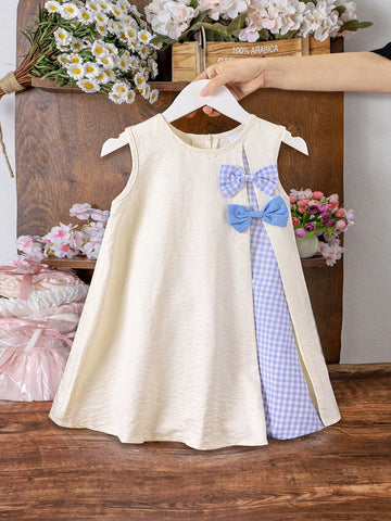1pc Young Girl' Sweet Ladylike 3D Bow Plaid Color Block Sleeveless Dress, Summer