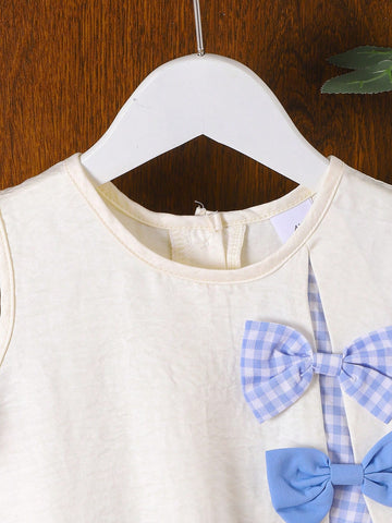 1pc Young Girl' Sweet Ladylike 3D Bow Plaid Color Block Sleeveless Dress, Summer