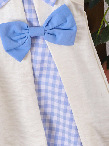 1pc Young Girl' Sweet Ladylike 3D Bow Plaid Color Block Sleeveless Dress, Summer