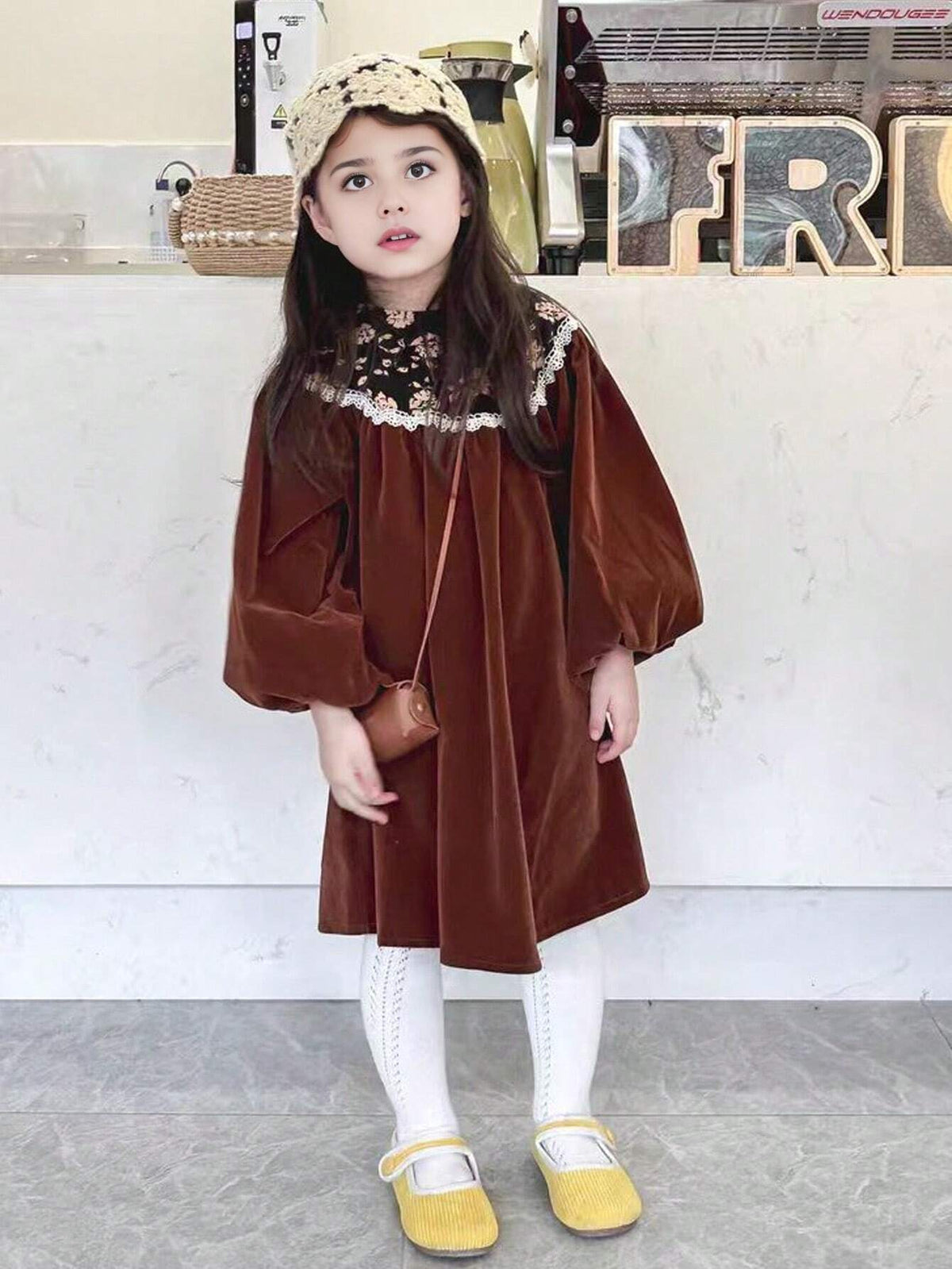 1pc Young Girl Vintage Lace Trim Stand Collar Puff Sleeve Ditsy Floral Long Sleeve Dress, Autumn/Winter