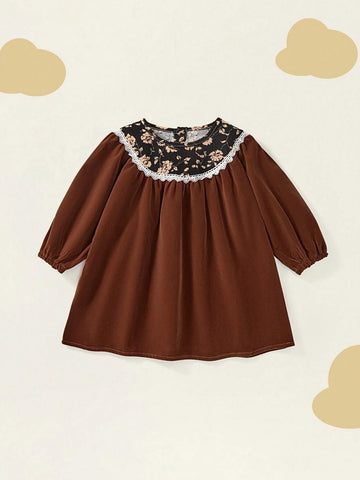 1pc Young Girl Vintage Lace Trim Stand Collar Puff Sleeve Ditsy Floral Long Sleeve Dress, Autumn/Winter