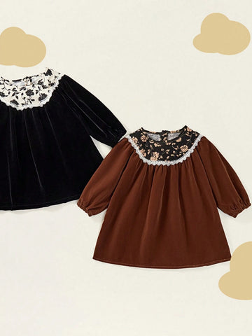 1pc Young Girl Vintage Lace Trim Stand Collar Puff Sleeve Ditsy Floral Long Sleeve Dress, Autumn/Winter