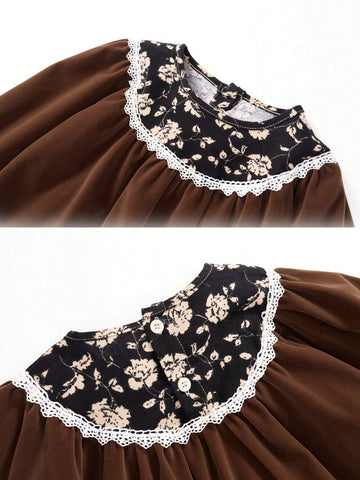 1pc Young Girl Vintage Lace Trim Stand Collar Puff Sleeve Ditsy Floral Long Sleeve Dress, Autumn/Winter
