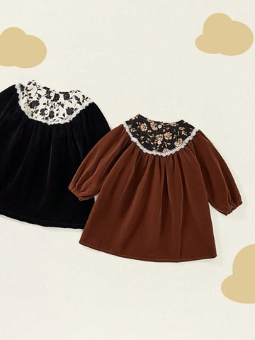 1pc Young Girl Vintage Lace Trim Stand Collar Puff Sleeve Ditsy Floral Long Sleeve Dress, Autumn/Winter