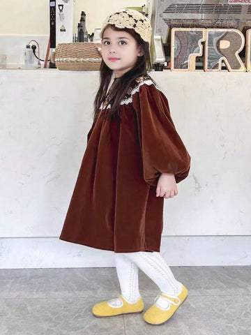 1pc Young Girl Vintage Lace Trim Stand Collar Puff Sleeve Ditsy Floral Long Sleeve Dress, Autumn/Winter