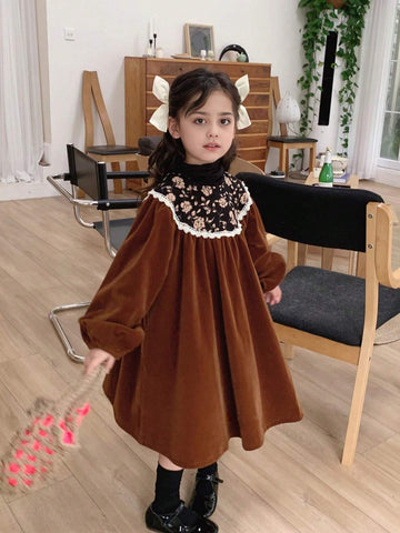 1pc Young Girl Vintage Lace Trim Stand Collar Puff Sleeve Ditsy Floral Long Sleeve Dress, Autumn/Winter
