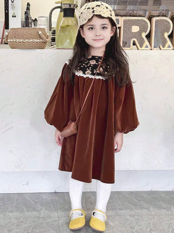 1pc Young Girl Vintage Lace Trim Stand Collar Puff Sleeve Ditsy Floral Long Sleeve Dress, Autumn/Winter