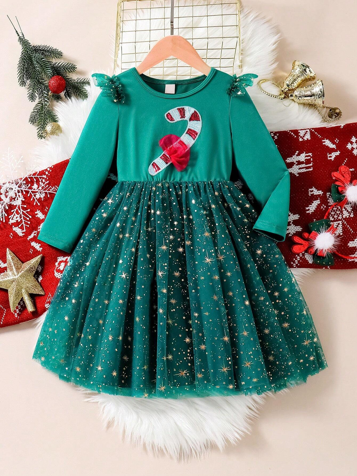 1pc Young Girls Beaded Embroidery Mesh Sparkle Firework Print Christmas Party Dress, A Dreamy And Elegant Children's Clothing