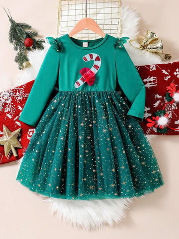 1pc Young Girls Beaded Embroidery Mesh Sparkle Firework Print Christmas Party Dress, A Dreamy And Elegant Children's Clothing