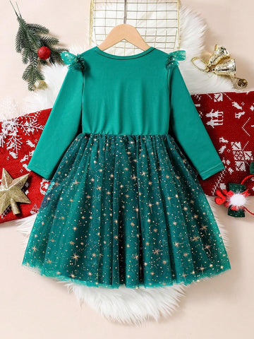 1pc Young Girls Beaded Embroidery Mesh Sparkle Firework Print Christmas Party Dress, A Dreamy And Elegant Children's Clothing