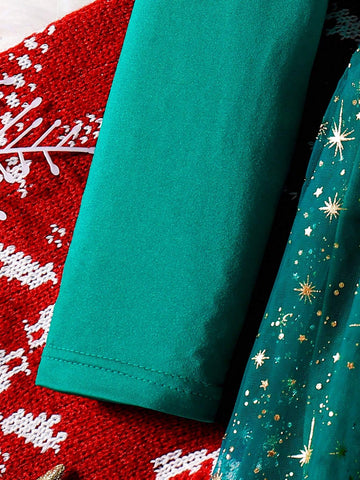 1pc Young Girls Beaded Embroidery Mesh Sparkle Firework Print Christmas Party Dress, A Dreamy And Elegant Children's Clothing