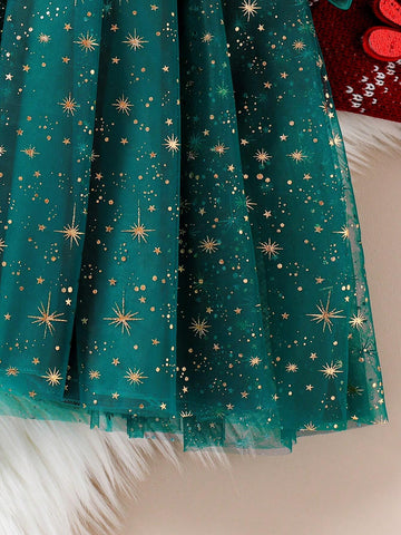 1pc Young Girls Beaded Embroidery Mesh Sparkle Firework Print Christmas Party Dress, A Dreamy And Elegant Children's Clothing