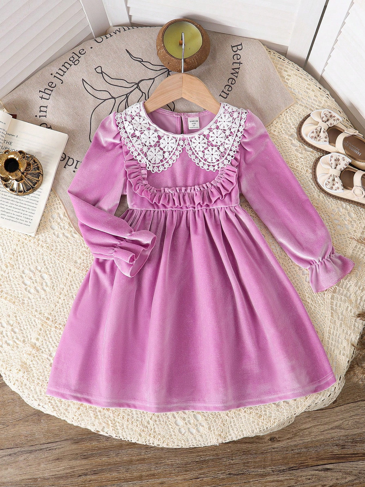 1pc Young Girls Black Long Sleeve Ruffled Velvet Maxi Dress, Casual Style, Autumn/Winter