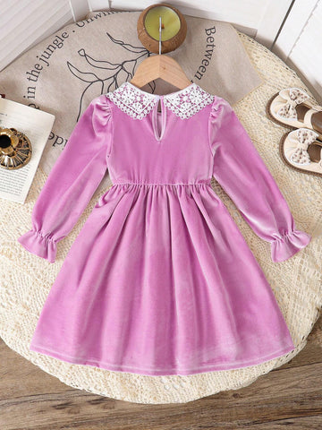 1pc Young Girls Black Long Sleeve Ruffled Velvet Maxi Dress, Casual Style, Autumn/Winter